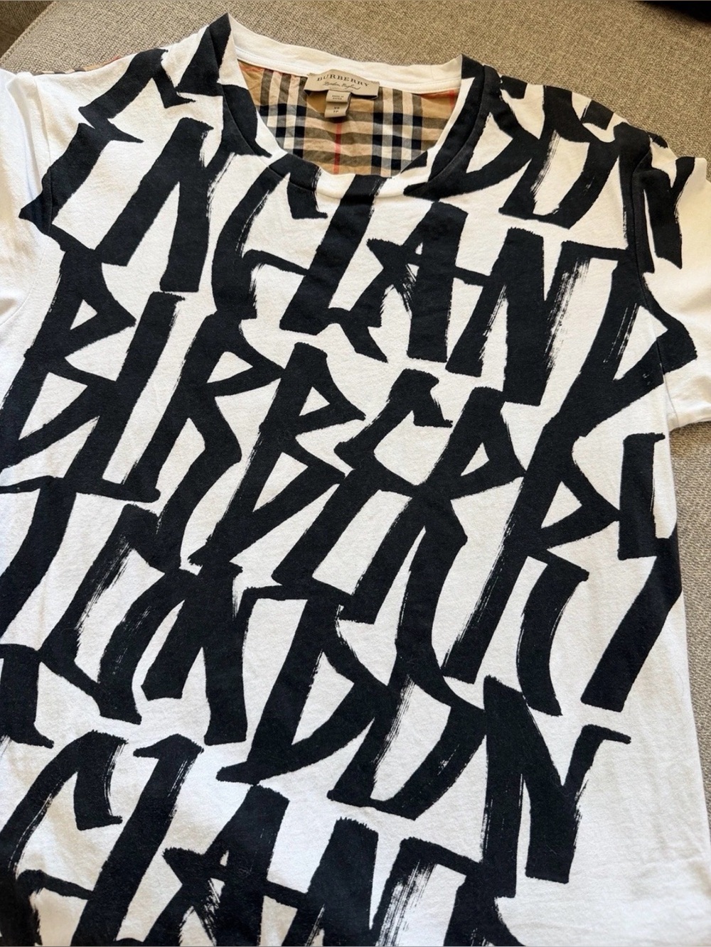 Burberry White Tee with Black Graffiti Script